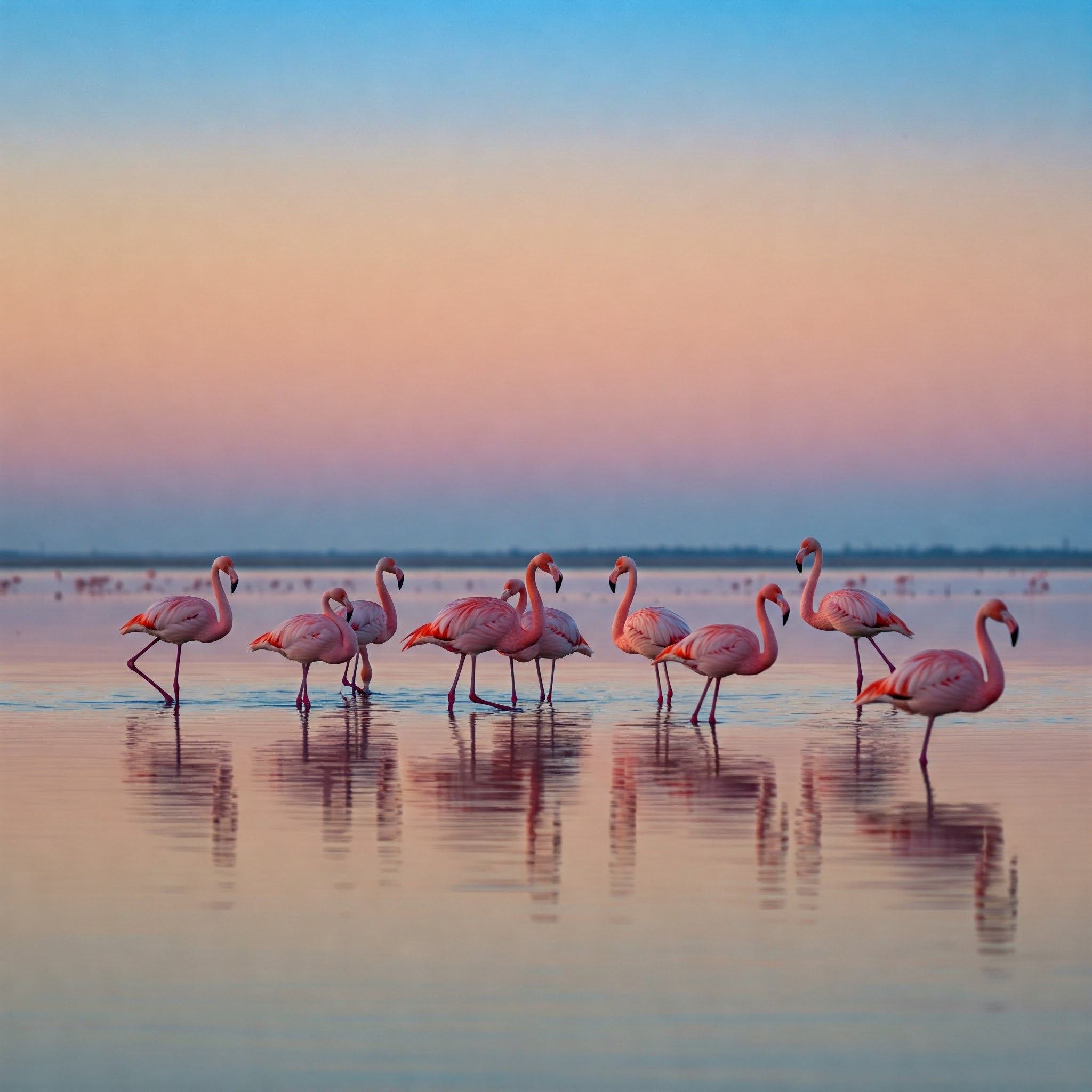 Eine Gruppe Flamingos welche in einem weitläufigem See stehen. Im Hintergrund sieht man die Sonne untergehen.